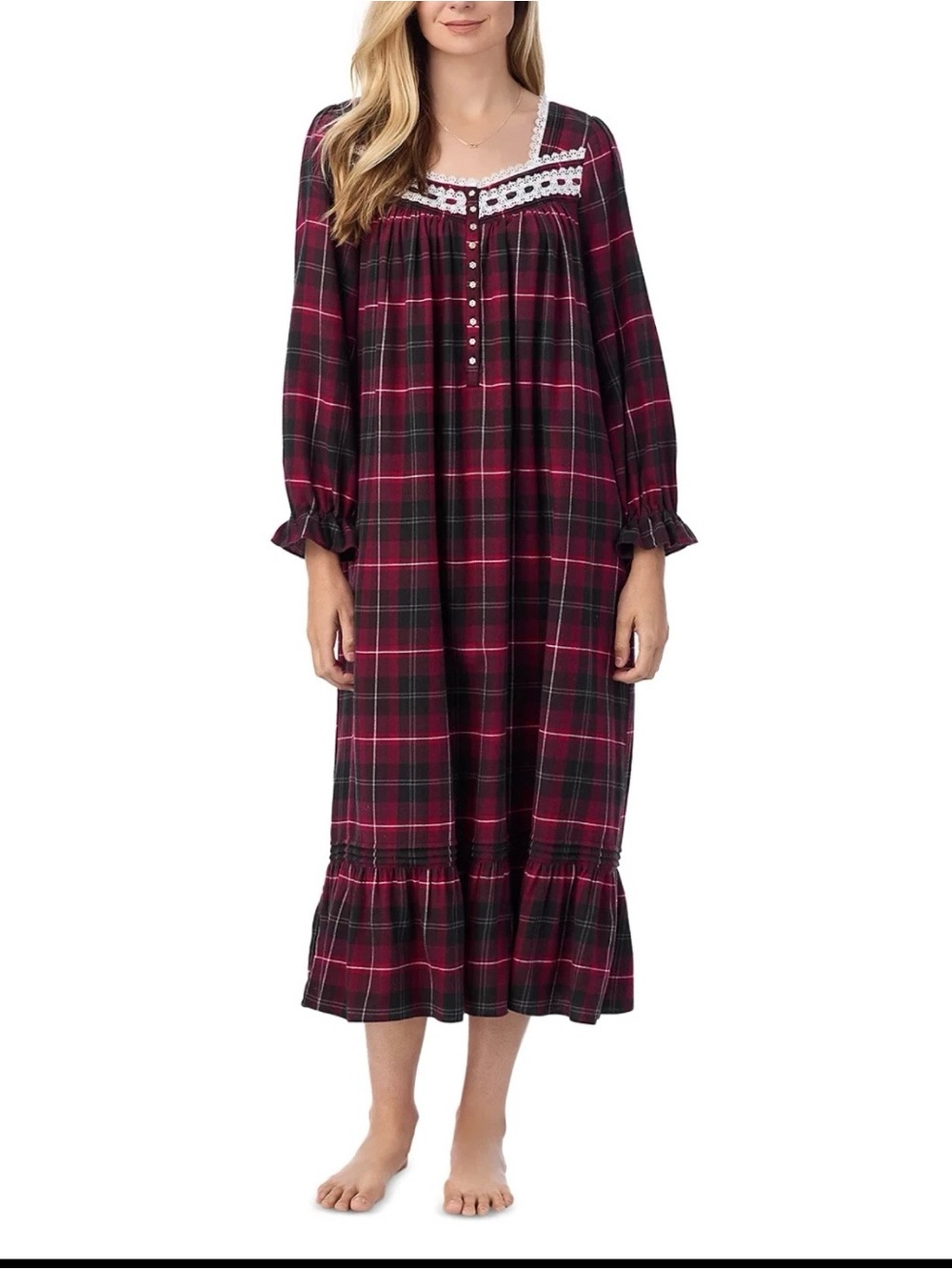 Eileen West Burgundy and Black Plaid Lace-Yoke Long Nightgown